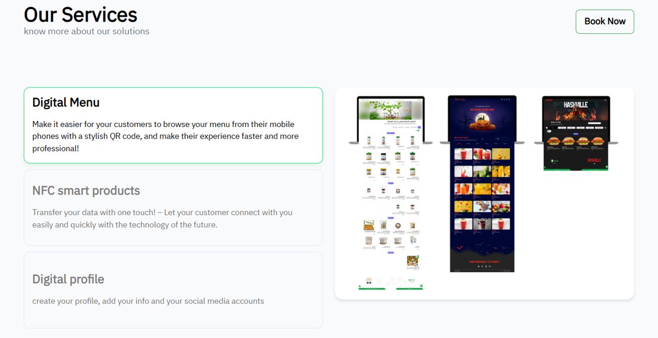 Services: digital menu, NFC and profile