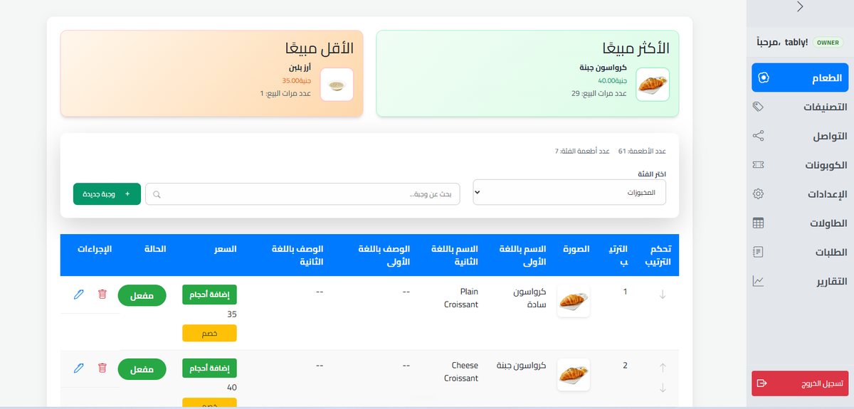 QR Tably dashboard: Menu items